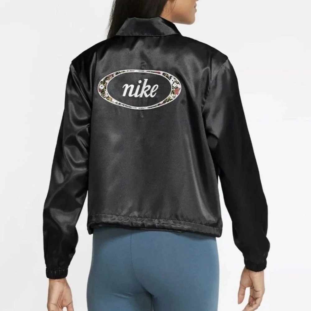 Nike Women Black Satin Floral Logo Bomber Chic Track Athletic Jacket Size Small